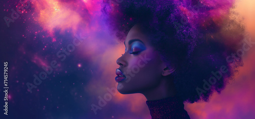 An artistic image blends a black woman's afro into a cosmic nebula, ideal for themes of beauty, empowerment, or Afrofuturism.