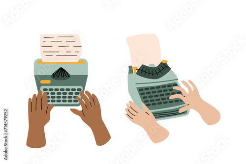 set of human hands with different skin writing on typewrite, author concept. Vector illustration isolated. Retro vintage style. Can used for world writer. copywriter day banner. 