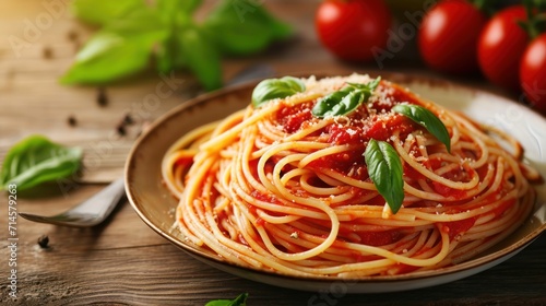  a plate of spaghetti with tomato sauce, basil, and parmesan cheese on a wooden table next to fresh basil leaves and tomatoes on the side of the plate.