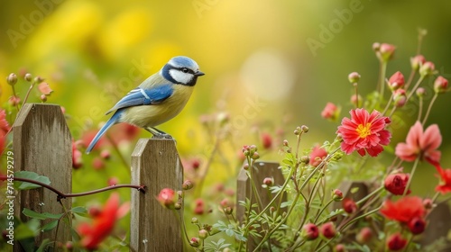  a blue bird perched on top of a wooden fence next to a field of red flowers and a wooden fence with a yellow and red flower in the foreground. photo