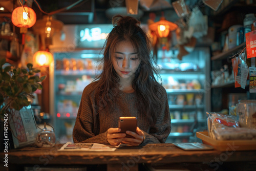 Young asian woman sitting and using smart phone at wooden counter in cafe at night
