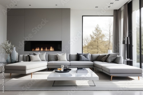 Interior home design of modern living room with gray corner sofa and fireplace against gray wall with copy space