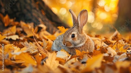  a rabbit sitting in a pile of leaves in the middle of a forest with a tree in the background and yellow and orange leaves covering the ground and leaves on the ground.