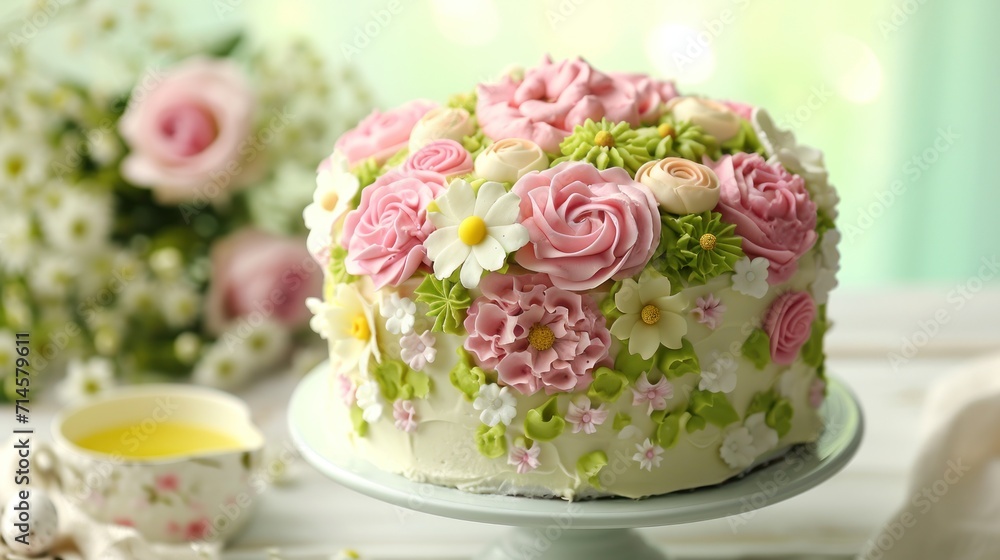 a close up of a cake on a plate on a table with a cup of tea and flowers on the side of the cake and a teapot in the background. a close up of a cake on a plate on a table with a cup of tea and flowers on the side of the cake and a teapot in the background.