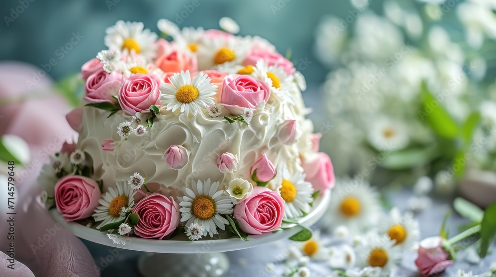 a white cake with pink and yellow flowers on top of a white cake plate on a table with white and pink flowers and greenery on the side of the cake. a white cake with pink and yellow flowers on top of a white cake plate on a table with white and pink flowers and greenery on the side of the cake.
