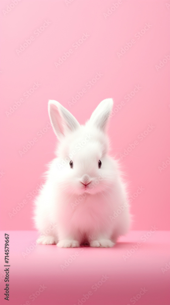 A charming fluffy white bunny sitting on a soft pink background, looking at the camera. A charming fluffy white bunny sitting on a soft pink background, looking at the camera.