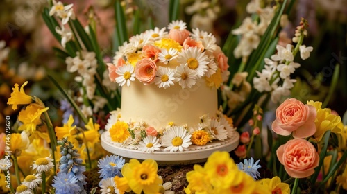  a close up of a cake on a table with flowers in the background and in the foreground, there is a lot of flowers in the middle of the cake.