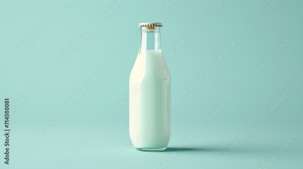  a bottle of milk sitting on top of a blue table next to a light green background with a gold cap on the top of the bottle and bottom of the bottle.