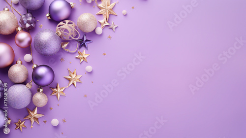 Festive Christmas and New Year Flat Lay Composition with Sparkling Decorative Elements  Toys  and Purple Tones on a Lilac Background. Seasonal Joy and Copy Space for Promotional Content.