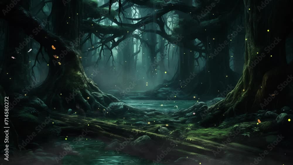 dark forest panorama fantasy landscape fantasy background. seamless looping overlay 4k virtual video animation background 