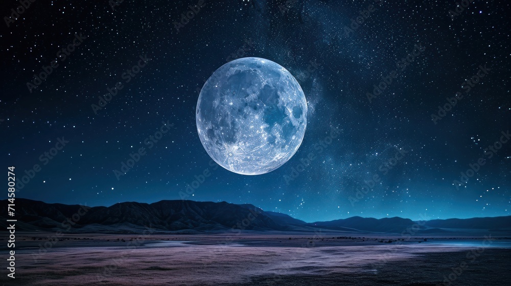  a full moon in the night sky with a mountain range in the foreground and a body of water in the foreground with a mountain range in the background.