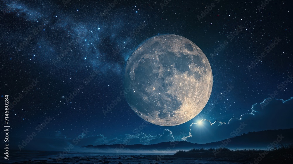 a full moon in the night sky with a mountain in the foreground and a dark blue sky filled with stars and clouds, with a distant mountain range in the foreground. a full moon in the night sky with a mountain in the foreground and a dark blue sky filled with stars and clouds, with a distant mountain range in the foreground.