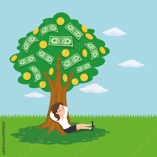 Character businesswoman relaxing and sleeping under money tree. Concept passive income, earning with no effort.illustration vector cartoon.