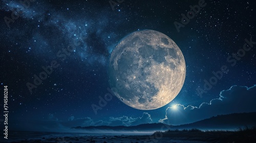  a full moon in the night sky with a mountain in the foreground and a dark blue sky filled with stars and clouds  with a distant mountain range in the foreground.