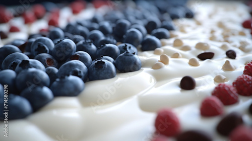 A delectable close-up of yogurt with blueberries, raspberries, and scattered chocolate chips.