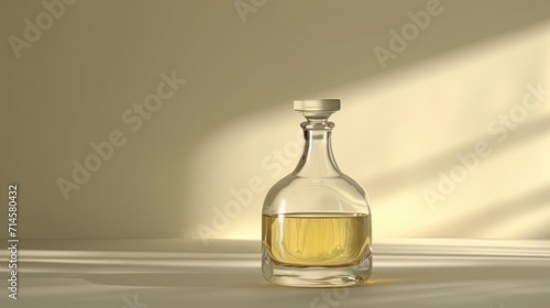  a glass bottle filled with liquid sitting on top of a table next to a shadow of a person s shadow on the wall and a light shining on the floor.