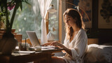 a young woman working from home, immersed in the virtual world, laptop open with an internet browser, a focused expression as she surfs the internet