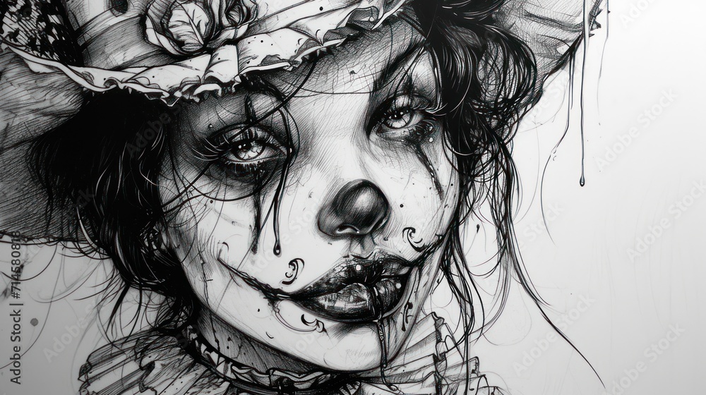 Fototapeta premium a black and white drawing of a woman wearing a hat with a rose on her forehead and a flower in her hair, with a flower in her hair, on a white background.