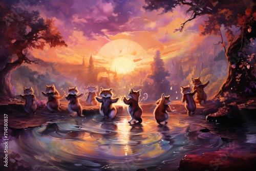 Playful twilight foxes  dancing under the fading light of the setting sun - Generative AI