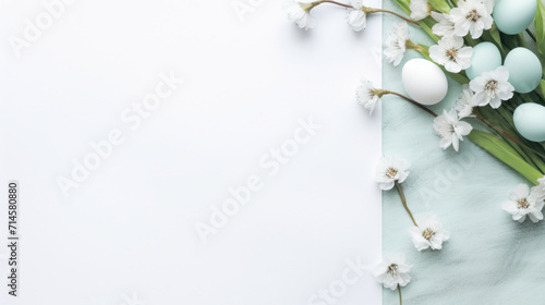 A fresh spring concept with a border of white flowers and pastel-colored eggs on a light background.