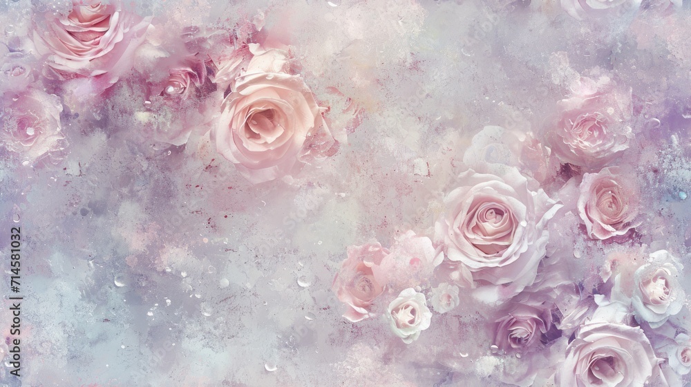 Fototapeta premium a group of pink roses sitting on top of a purple and white background with drops of water on the top and bottom of the flowers on the bottom of the image.