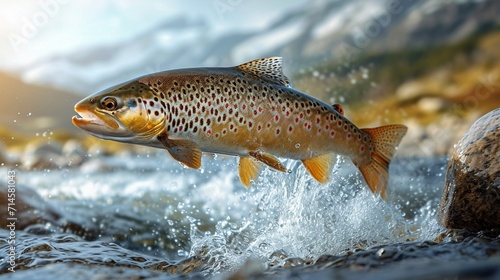 A freshwater trout leaping out of a mountain stream, photographed from the side, capturing the dynamic energy and determination of this iconic sport fish. 