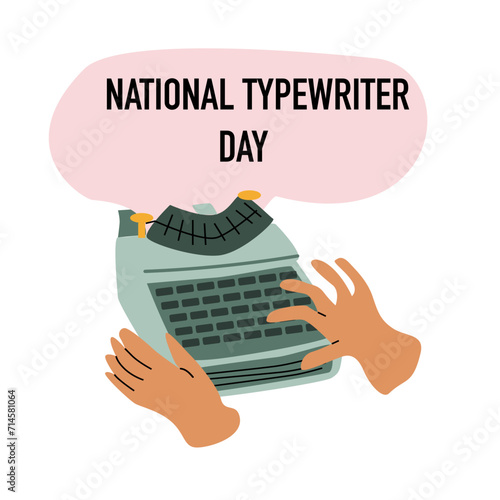 human hand writing on typewrite, national typewriter day banner. Vector illustration isolated. 