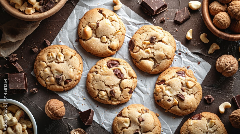 a bunch of cookies sitting on top of a piece of wax paper next to a bowl of nuts and a bowl of chocolate chips and a bowl of nuts on a table. a bunch of cookies sitting on top of a piece of wax paper next to a bowl of nuts and a bowl of chocolate chips and a bowl of nuts on a table.