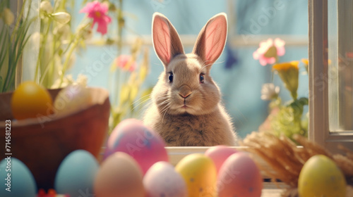 A cute Easter bunny peeking over a vibrant selection of decorated Easter eggs in a bright spring setting.