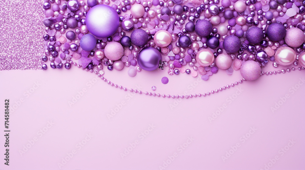 Festive Christmas and New Year Flat Lay Composition with Sparkling Decorative Elements, Toys, and Purple Tones on a Lilac Background. Seasonal Joy and Copy Space for Promotional Content. Festive Christmas and New Year Flat Lay Composition with Sparkling Decorative Elements, Toys, and Purple Tones on a Lilac Background. Seasonal Joy and Copy Space for Promotional Content.