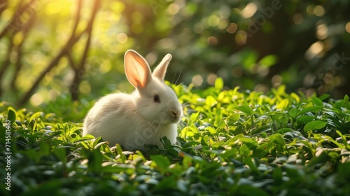  a white rabbit sitting in the middle of a field of green grass with the sun shining on it's back and behind it, it's head, it's ears, it's ears, it's ears,.