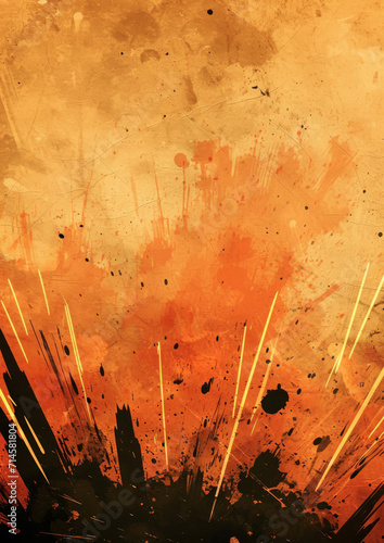 Abstract colourful grunge background with black splatter representing bomb explosion.