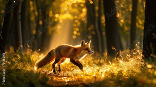 a red fox walking through a forest filled with lots of green grass and yellow sunlight shining down on it's back legs and back end of the fox's tail. photo