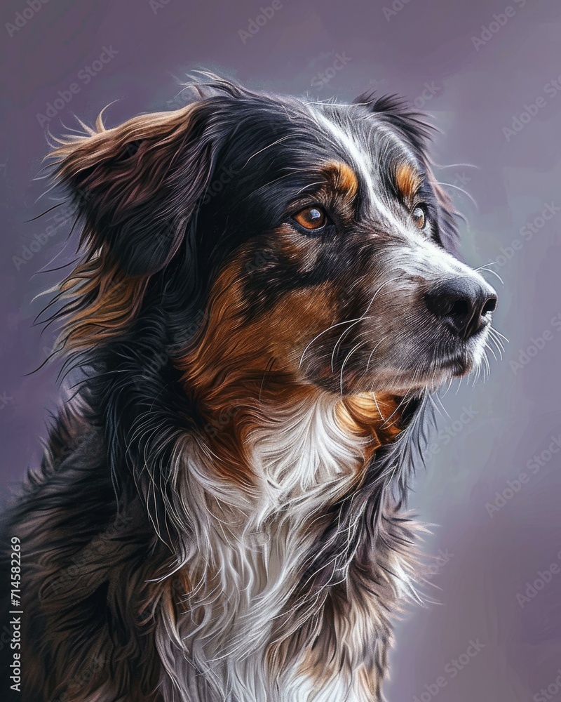 An inquisitive canine with long, speckled hair sits against a warm lavender backdrop, evoking affection. Generative AI.