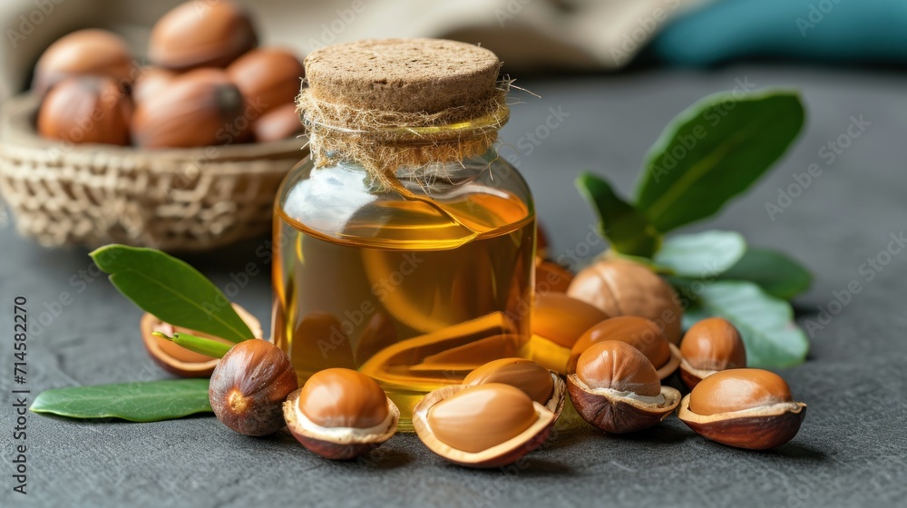 a bottle of oil sitting on top of a table next to a bowl of nuts and a basket of nuts on top of a table with leaves and a basket of nuts in the background. a bottle of oil sitting on top of a table next to a bowl of nuts and a basket of nuts on top of a table with leaves and a basket of nuts in the background.