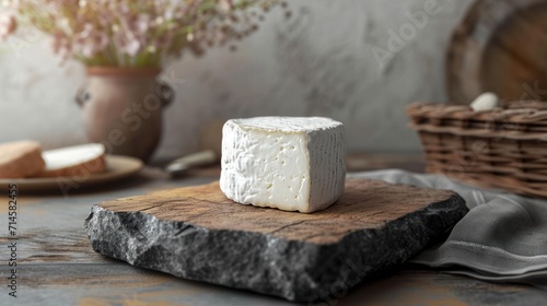  a piece of cheese sitting on top of a wooden cutting board next to a basket of bread and a plate of bread on a table with flowers in the background.
