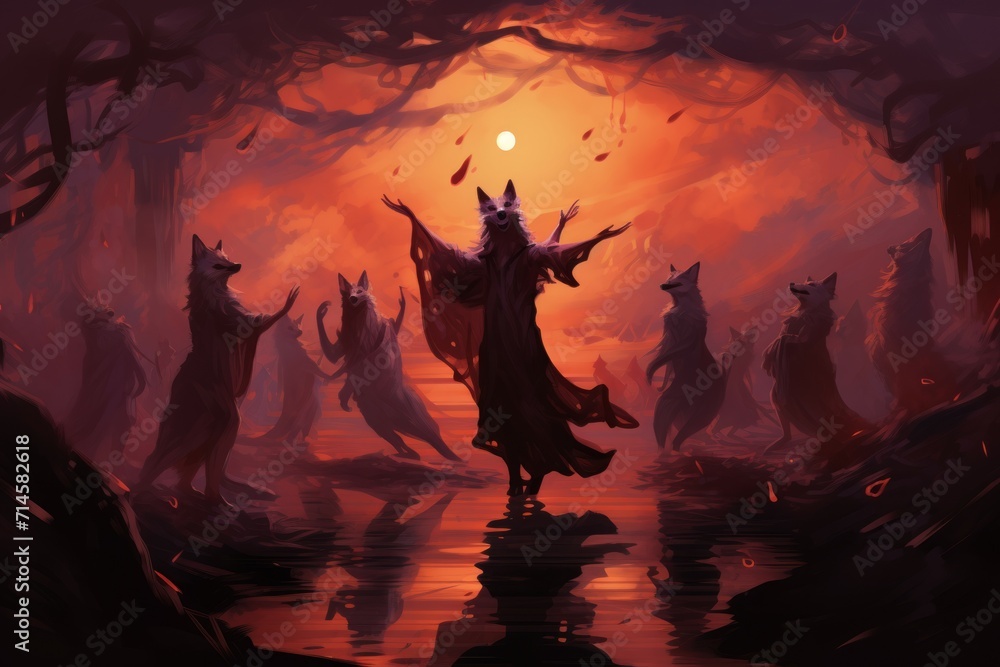 Playful twilight foxes, dancing under the fading light of the setting sun - Generative AI Playful twilight foxes, dancing under the fading light of the setting sun - Generative AI