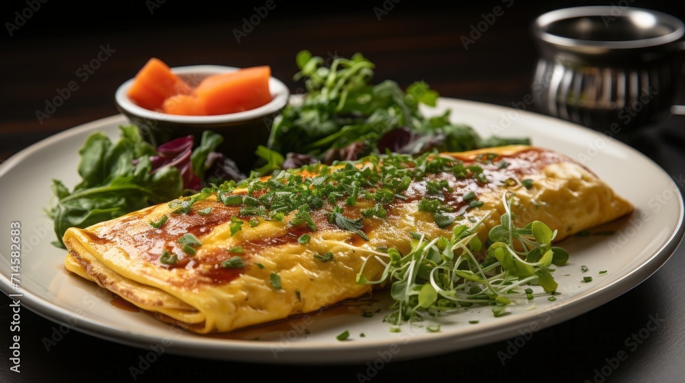Omelette with rocket, gluten - free bread and vegetables on a plate that is on the white table Omelette with rocket, gluten - free bread and vegetables on a plate that is on the white table