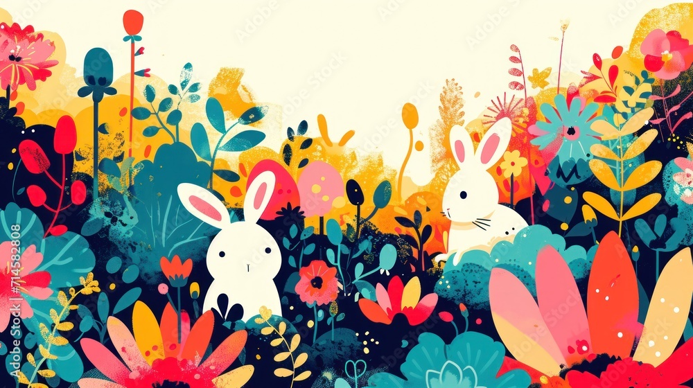  a painting of two bunnies in a field of flowers with a white rabbit in the middle of the picture and a pink bunny in the middle of the picture.