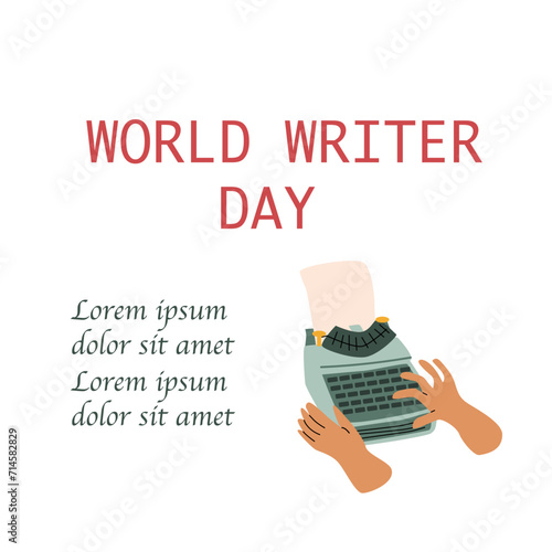 human hand writing on typewrite, writer day banner with copy space. Vector illustration isolated. Retro vintage style. 
