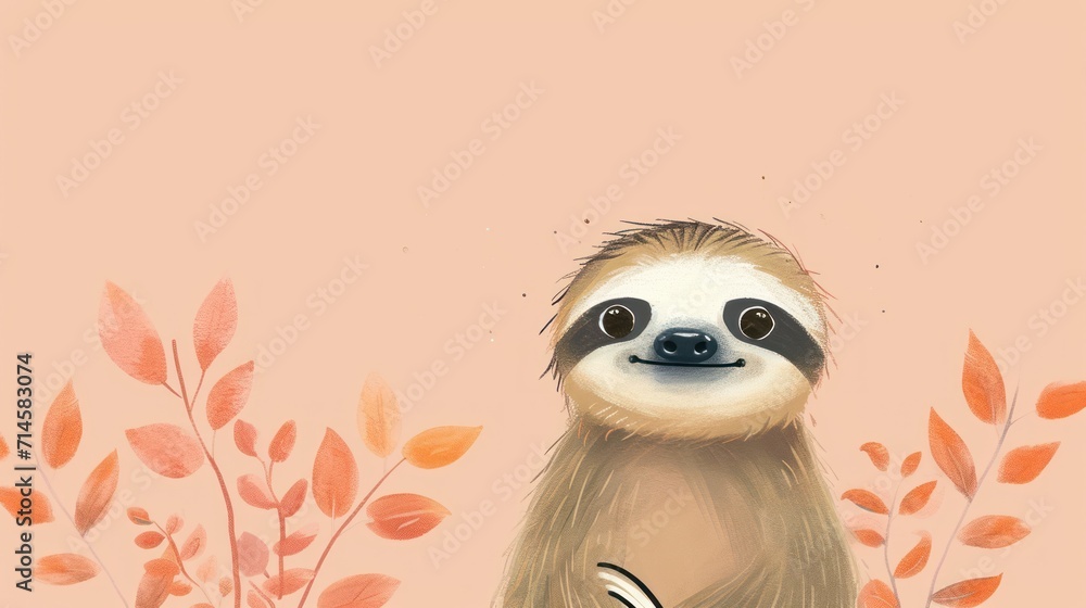 Obraz premium a painting of a slotty sitting on a branch with leaves and flowers in front of a pink background with a pink background and a pink background with a slotty slotty on it's face.