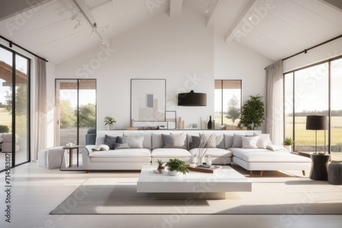 farmhouse interior home design of modern living room with white sofa and furniture with large window © Basileus