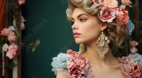 Beautiful young woman with Luxury earrings, flowers on background. Fashion outdoor photo of sensual woman with blond hair in elegant dress and style accessories. Gold jewelry with exclusive design