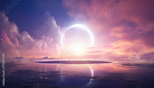 fantasy background with glowing neon pink ring and white cloud over water with abstract seascape © terra.incognita