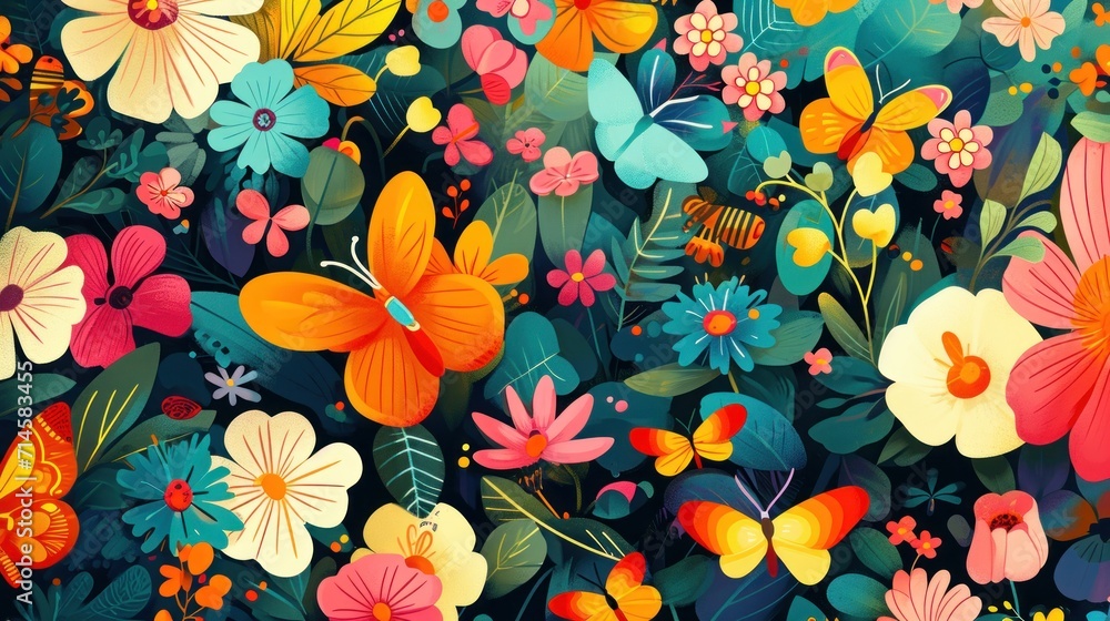 a bunch of colorful flowers that are on a blue background with orange, pink, yellow, and red flowers in the center of the image is a butterfly and a bug on the bottom right side of the image. a bunch of colorful flowers that are on a blue background with orange, pink, yellow, and red flowers in the center of the image is a butterfly and a bug on the bottom right side of the image.