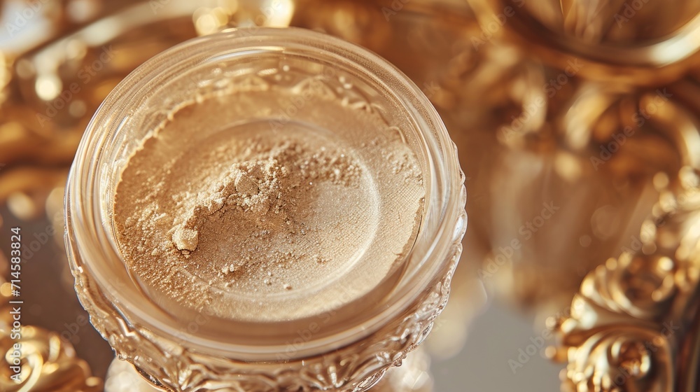 a close up of a bottle of liquid on a table with a gold plate in the background and a gold plate on the floor in the middle of the photo. a close up of a bottle of liquid on a table with a gold plate in the background and a gold plate on the floor in the middle of the photo.