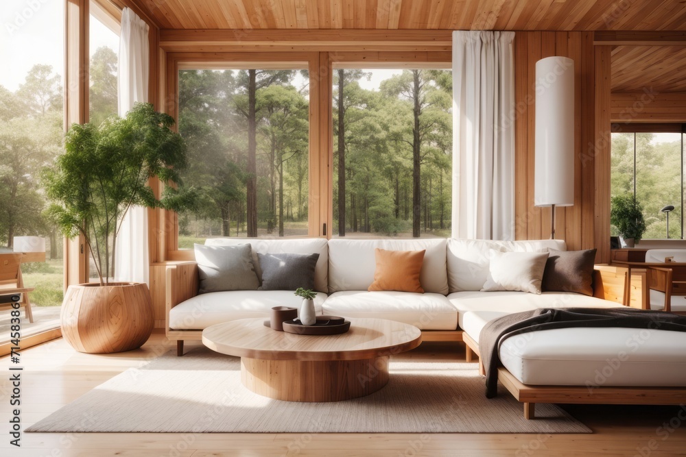 Interior home design of modern living room with wooden table sofa in a wooden house with forest view window Interior home design of modern living room with wooden table sofa in a wooden house with forest view window