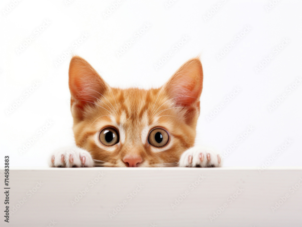 A cute ginger kitten with big, curious eyes peering over the edge of a white surface, looking directly at the camera.