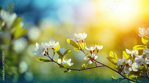 Bright spring blossoms on a tree branch against a sunny sky, with a warm sun flare adding to the serene scene.