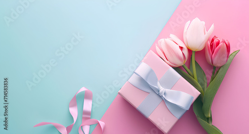 Women day background with copy space, 8 march poster with tulip flowers and gift boxes © Shafay